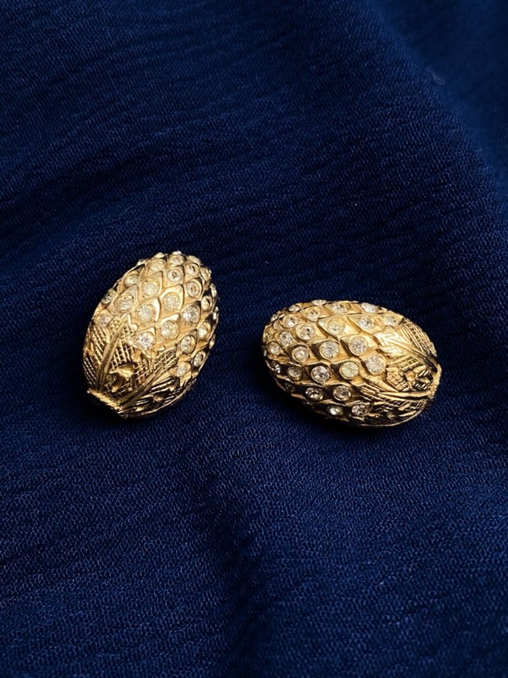 Castlecliff Jeweled Egg Pinecone Oval Crystal Rhinestone Gold Dome Clip Earrings